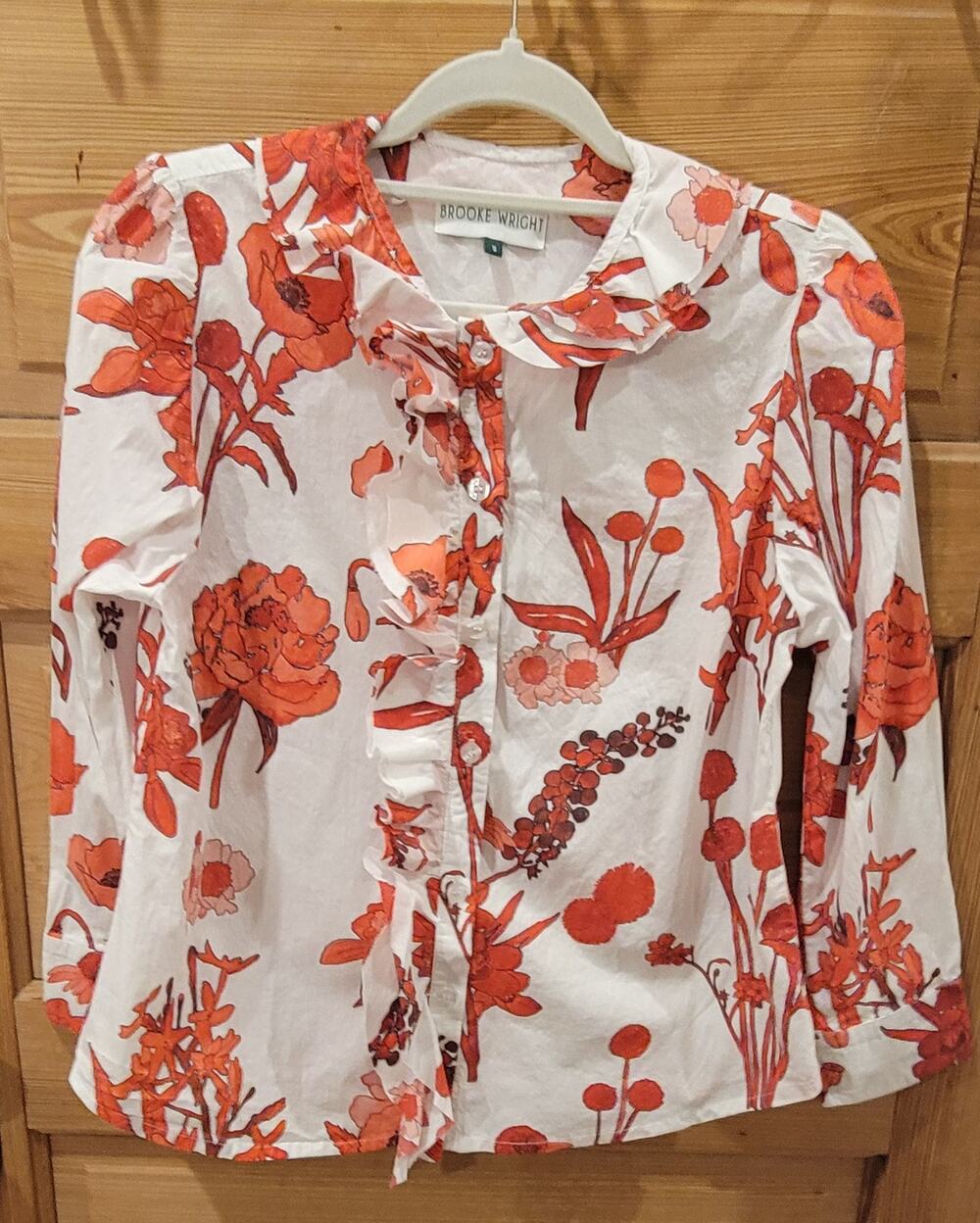 Brooke Wright Floral Button Front Blouse Womens Small White Orange Ruffle Collar
